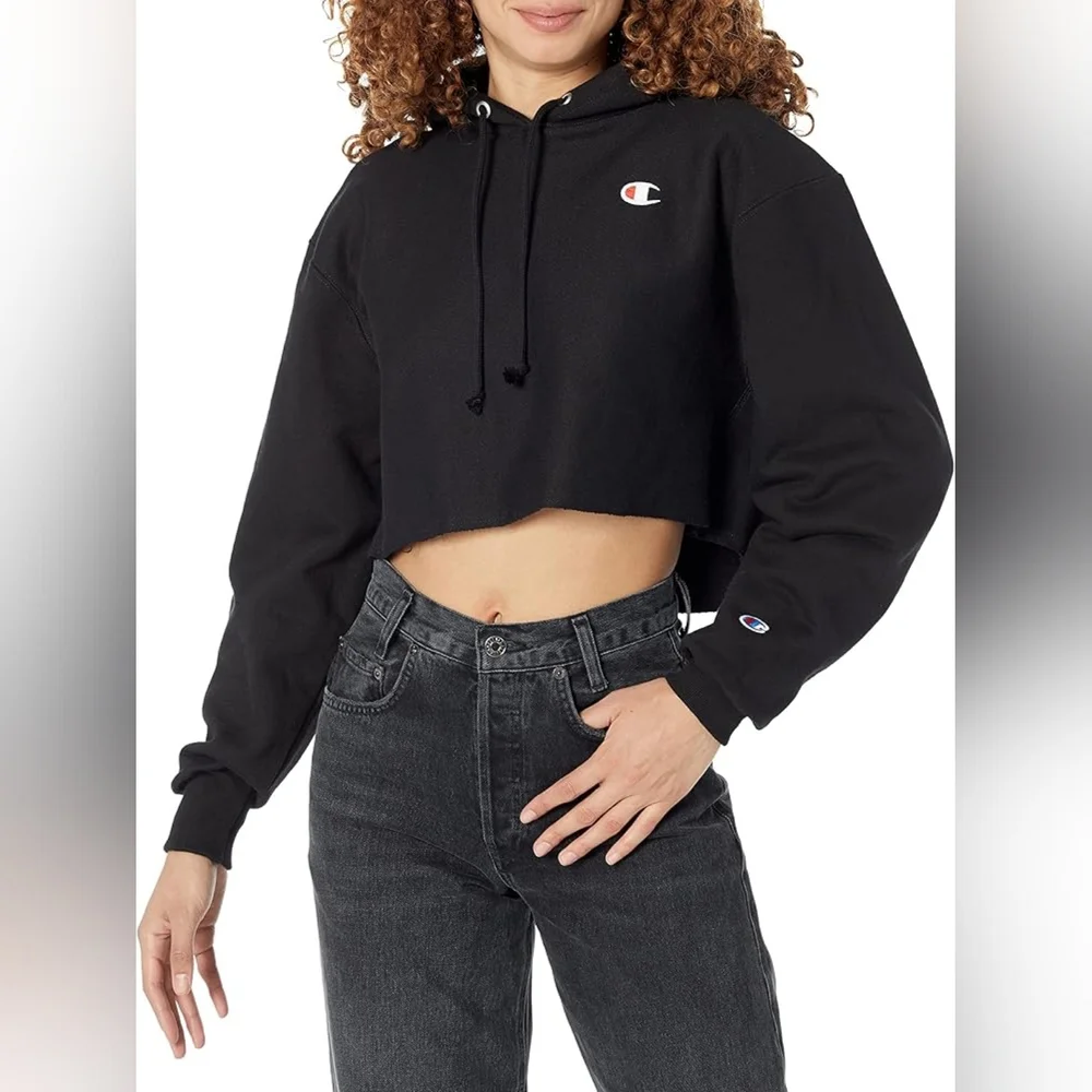 Black Champion Reverse Weave XS Cropped Sweater Hoodie - Picture 1 of 3